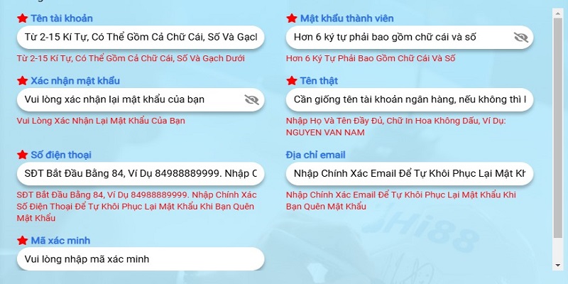 Đăng Ký Hi88 - Hướng Dẫn Cách Tạo Tài Khoản Miễn Phí 1 Bảng thông tin đăng ký Hi88 dành cho thành viên mới